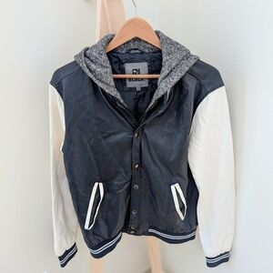 Vintage Faux Leather Hooded Varsity Bomber Jacket In Navy/White